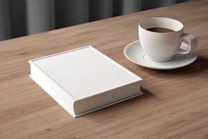 AI generated White book mockup with coffee on table. AI Generated photo