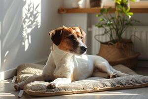 AI generated Cute relaxed dog lying on cool mat in hot day , white wall background, summer heat. ai generated photo