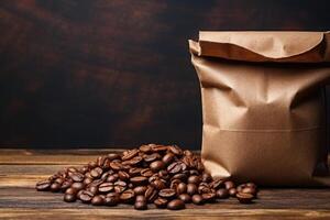 AI generated Blank brown Kraft paper bag with coffee beans on wooden background. AI Generated photo