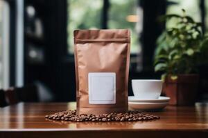 AI generated Blank brown Kraft paper bag with coffee beans on wooden background. AI Generated photo