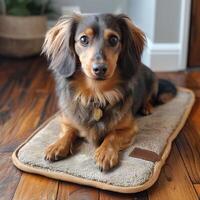 AI generated Cute relaxed dog lying on cool mat in hot day , white wall background, summer heat. ai generated photo