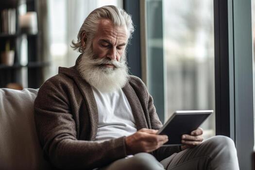 AI generated mature man reading magazine on tablet computer. AI Generated photo