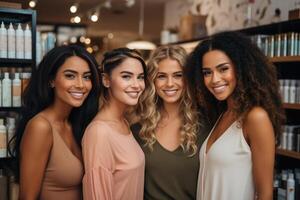 AI generated Group of multiracial females having fun against a brown background. AI Generated photo