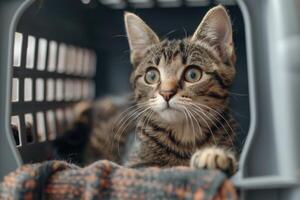 ai generado linda atigrado gato sentado en mascota portador caja. ai generado foto