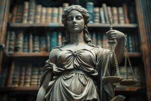 AI generated Statue of Justice on library background. Legal and law concept. ai generated photo