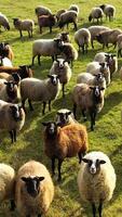 Amazing sheep on pasture. Fluffy animals grazing on field in a sunny day. Herd of sheep on green meadow. Group of domestic sheep. Vertical video