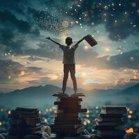 AI generated kid standing on tower of books on background of sunset sky. ai generated photo