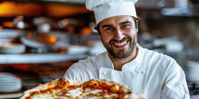 ai generado retrato de contento italiano masculino cocinero Cocinando Pizza. ai generado foto