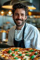 ai generado retrato de contento italiano masculino cocinero Cocinando Pizza. ai generado foto