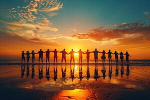 AI generated Group of people silhouettes on beach background. ai generated photo