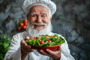 AI generated portrait of happy Italian male chef cooking salad. ai generated photo