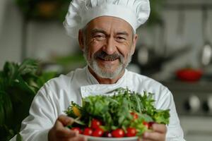 ai generado retrato de contento italiano masculino cocinero Cocinando ensalada. ai generado foto