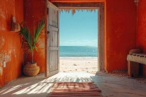 AI generated Open door with access to the beach from desert. ai generated photo