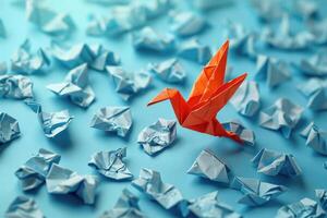 ai generado grupo de estropeado documentos con uno diferente papel transformando dentro un origami pájaro en vuelo. ai generado foto