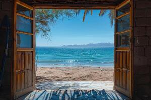 AI generated Open door with access to the beach from desert. ai generated photo