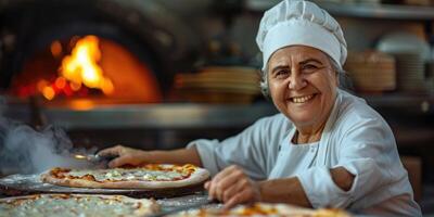 ai generado retrato de contento italiano hembra cocinero Cocinando Pizza. ai generado foto