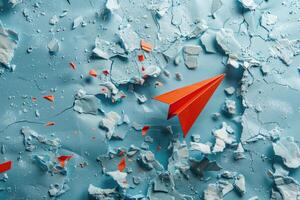 AI generated paper plane breaking through obstacle on blue background , ai generated photo