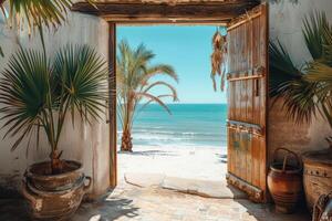 AI generated Open door with access to the beach from desert. ai generated photo