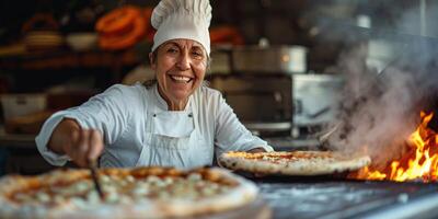 ai generado retrato de contento italiano hembra cocinero Cocinando Pizza. ai generado foto