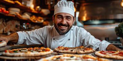 ai generado retrato de contento italiano masculino cocinero Cocinando Pizza. ai generado foto