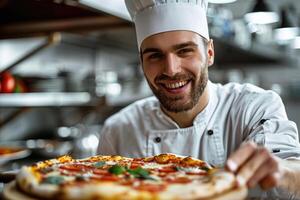 AI generated portrait of happy Italian male chef cooking pizza. ai generated photo