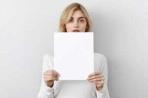 AI generated Woman holding blank magazine on light background. AI Generated photo