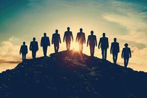 AI generated Group of businessmen silhouettes walking on the mountain. Leadership in business metaphor. ai generated photo