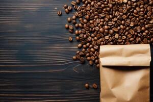 AI generated Blank brown Kraft paper bag with coffee beans on wooden background. AI Generated photo