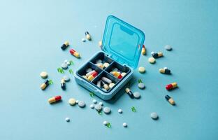 composition with pill box and pills on color background photo