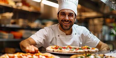 ai generado retrato de contento italiano masculino cocinero Cocinando Pizza. ai generado foto