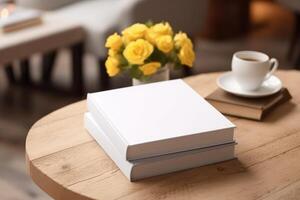 AI generated White book mockup with yellow flowers on table. AI Generated photo