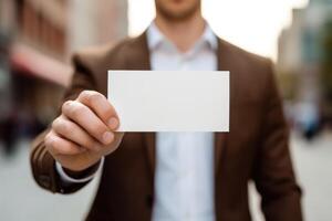 ai generado mano de empresario demostración blanco papel o visitar tarjeta . ai generado foto