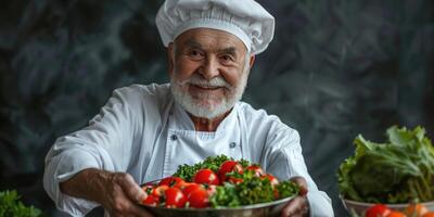 AI generated portrait of happy Italian male chef cooking salad. ai generated photo