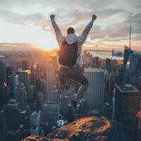 AI generated man jumping on city background, rear view. ai generated photo