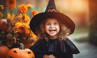 AI generated Little Girl Dressed as a Witch with a Pumpkin in Hand photo