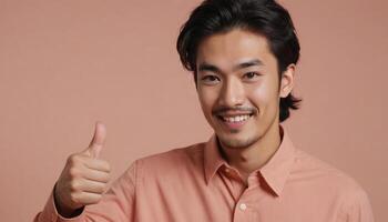 AI Generated Smiling Asian Man Giving Thumbs Up photo