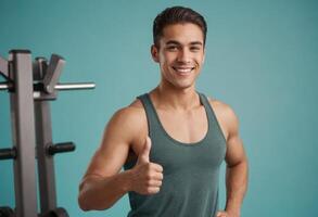 ai generado sonriente hombre en gimnasio vestir foto