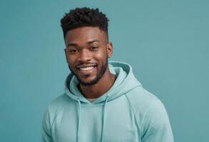 AI Generated Cheerful Man in Teal Hoodie photo