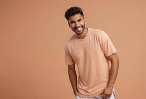 AI Generated Casual Man Smiling in Peach Tee photo