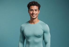 AI Generated Man in Teal Shirt Smiling photo