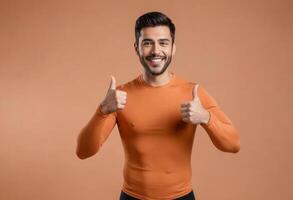 AI Generated Man in Orange Giving Double Thumbs Up photo