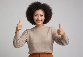 AI Generated Joyful Woman Giving Two Thumbs Up photo