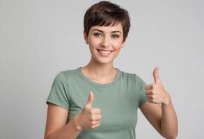 AI Generated Happy Woman with Double Thumbs Up photo