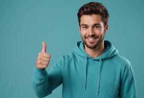 AI Generated Smiling Man in Hoodie with Thumbs Up photo