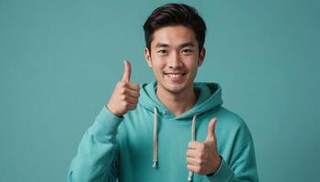 AI Generated Happy Man in Hoodie Shows Thumbs Up photo