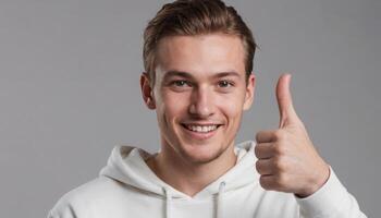 ai generado sonriente joven hombre con pulgares arriba foto