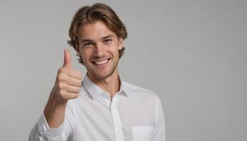 ai generado contento hombre en blanco camisa aprobatorio foto