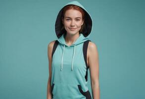 AI Generated Smiling Woman in Sleeveless Hoodie photo