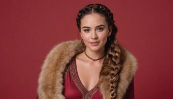 AI Generated Elegant Woman in Maroon Top and Fur Coat photo