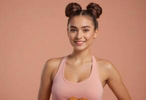 AI Generated Radiant Woman with Playful Hair Buns photo